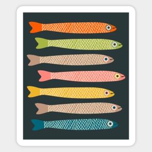 ANCHOVIES Bright Graphic Fun Groovy Fish in Vintage Orange Yellow Pink Blue Green Beige on Charcoal - Horizontal Layout - UnBlink Studio by Jackie Tahara Sticker